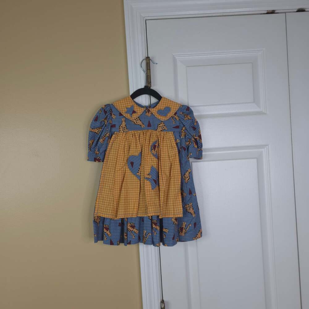 Vintage Handmade Puff Sleeve Cat Print Prairie Pinafore Gingham Dress Size 10